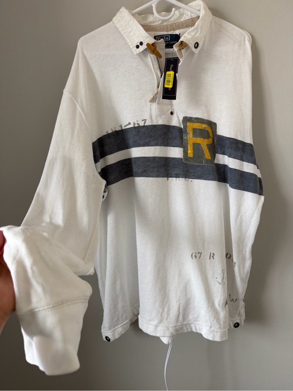 Polo by Ralph Lauren White Rugby Pullover with Navy Stripes and Yellow R Patch
